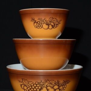 Vintage Brown and Orange Bowls with Fruit Design